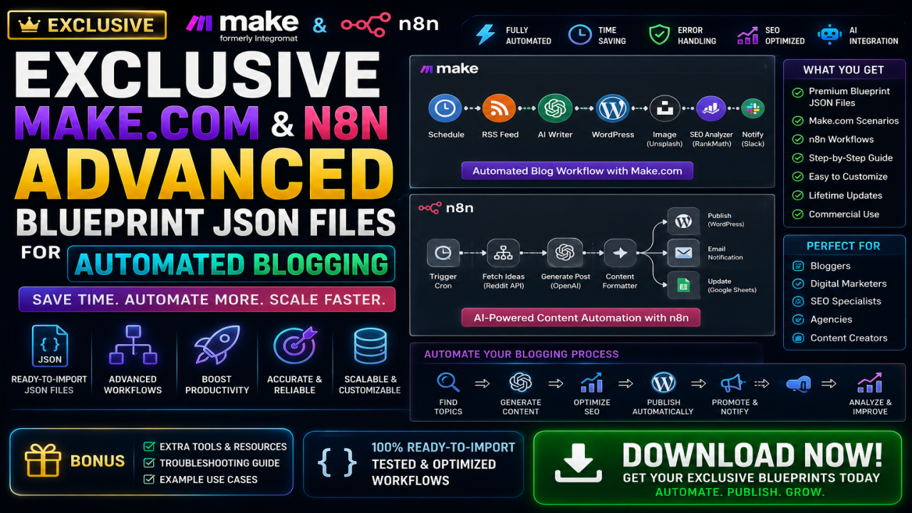 Exclusive Make.com & n8n Advanced Blueprint JSON Files for Automated Blogging